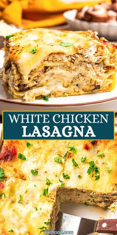 This white chicken lasagna is packed with three types of cheese and layers of creamy white sauce, juicy shredded chicken, mushrooms, and noodles. #chicken #lasagna #bechamel