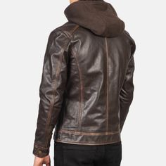 This hooded vintage leather jacket for men perfectly blends rugged style with a contemporary touch. This glossy and polished brown jacket is made from premium, fine-quality full-grain leather, which ensures durability and comfort. This vintage brown leather jacket is a must-have for your fall and winter evenings. This brown leather jacket with hood features a detachable hood and contrast-rich brown hues, making it versatile outerwear for every occasion. It has four functional zipper pockets on t Rugged Brown Leather Jacket For Winter, Outdoor Brown Leather Jacket, Brown Leather Jacket For Outdoor Use, Fitted Leather Hooded Jacket With Double-lined Hood, Outdoor Brown Leather Biker Jacket, Brown Leather Biker Jacket For Outdoor, Rugged Leather Jacket For Winter Streetwear, Leather Biker Jacket With Double-lined Hood For Fall, Vintage Brown Outerwear For Winter Streetwear