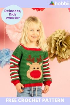 Get started on this DIY project on Reindeer - Kids sweater Crochet Pattern. SIZES 12-18 months (2, 4, 6, 8) years MEASUREMENTS Chest: 55(58.5, 61.5, 67, 72)cm / 21.5(23, 24.5, 26.5, 28.5)” Shoulder to Waist Length: 25.5(27.5, 30.5, 35, 40)cm / 10(10.75, 12, 13.75, 15.75)” Sleeve Length: 21(23, 29, 31, 35) cm / 8.25(9, 11.5, 12.25, 13.75)” PATTERN INFORMATION This ultra cute reindeer jumper is worked from the bottom up, working the front and back panels first and then the sleeves are worked. The reindeer is made using a graph so confidence in following charts is recommended.The pattern for Reindeer - Kids sweater can be downloaded for free Reindeer Jumper, Kids Sweater Pattern, Blue Birthday Parties, Baby Frock Pattern, Frock Patterns, Holiday Crochet, Xmas Sweater, Baby Diy, Crochet Throw