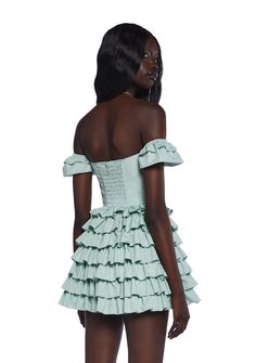 cuz they will never love another. This fit and flare dress has a twill construction, structured boning, an off-the-shoulder neckline with attached sleeves, a tiered ruffled skirt, a ruched back, a self-tie front closure, and a back hook and zipper closure. Green Tiered Mini Dress For Party, Green Fitted Off Shoulder Mini Dress, Fitted Green Tiered Dress, Green Fitted Tiered Mini Dress, Flirty Green Mini Dress With Ruffles, Fitted Green Tiered Mini Dress, Flirty Green Off-shoulder Dress, Flirty Off-shoulder Green Dress, Green Mini Dress With Ruffled Straps And Details