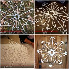 four different pictures showing how to make a paper snowflake