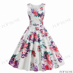 Vintage-Inspired Floral Print Dress Corset Dress, A Line Skirt, Floral Print Dress, Red Flowers, A Line Skirts, Print Dress, White Background, Vintage Inspired, White Dress