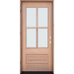 a wooden door with glass panels on the front and side panel, isolated against a white background