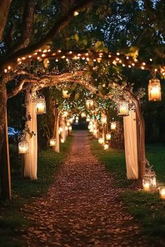 a path lined with candles and lanterns is lit up in the night time as if it were