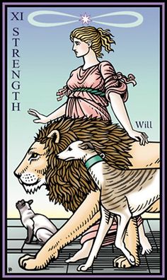 a tarot card with a woman on top of a lion