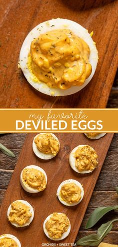 deviled eggs on a wooden cutting board with text overlay