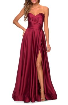 La Femme Strapless Slit Satin Ballgown | Nordstrom Bridesmaid Red, Thanksgiving Cocktail, Satin Ballgown, Prom 2020, Dinner Cruise, Strapless Sweetheart Neckline, Military Ball, Strapless Gown, Pleated Bodice