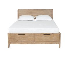 a bed with two drawers underneath it and a white blanket on the bottom half of the bed