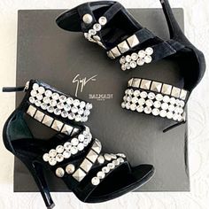 Giuseppe Zanotti X Balmain Black Suede Rhinestone Evening Sandals Heels In Box Size Eu 36.5 Suede Rhinestone Silver Tone Hardware Made In Italy Heel Height 4.25" Includes Original Box Pretty Visuals, Balmain Shoes, Evening Sandals, Giuseppe Zanotti, Black Suede, Shoes Women Heels, Sandals Heels, Original Box, Heel Height