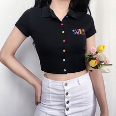 SURE Embroidery Colorful Button Black Polo T-shirt Black Polo T Shirt, Polo Shirt Girl, Tame Impala, Button Skirt, Black Polo Shirt, Black Polo, Polo T Shirt, Polo T Shirts, Grunge Style