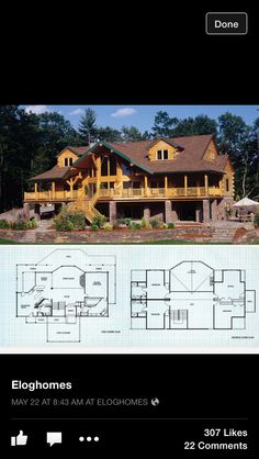 two story log home with large porch and wrap around deck