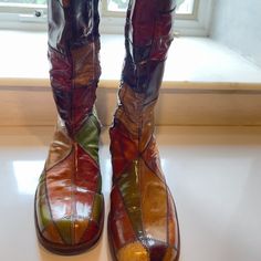 Amazing Super 70's Patchwork Leather Boots! Good Condition With Various Signs Of Wear. Soles Are Still In Great Shape With A Lot Of Miles Left. Made In Italy. Please Check All Photos And Measurements. This Is A Vintage As-Is Listing. All Sales Final. Height - 16.5" Heel Height - 2.5" Length (Toe To Heel) - 9.5" Width (Ball Of Foot) - 3.25" 70s Shoes, Vintage Heels, Pretty Clothes, Fashion 101, Heels Shoes, Shoe Game, Pretty Outfits, Leather Boots, Bootie Boots