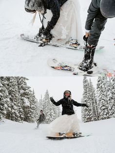 two snowboarders are posing for pictures in the snow