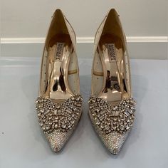 Quintana Crystal Embellished Pointed Toe Pump Badgley Mischka Collection Size: 8.5 Color: Latte Satin Heel Height: 4 Inches Condition: Very Good (Worn Once) Dazzling Placed Crystals Ornament The Pointy Toe And Pepper The Curved Sides Of A Party-Ready Pump In Lustrous Satin And Breezy Mesh. 4" Heel (Size 8.5) Latex-Cushioned Footbed Textile Upper And Lining/Leather Sole Purchased From Nordstrom For $245 And Worn One Time. Light Wear On Bottom Of Shoe Shown In Photo. Badgley Mischka Shoes, Bridesmaid Shoes, Satin Heels, Satin Color, Dress Shoes Womens, Shoe Show, Shoes Womens, Best Wear, Badgley Mischka