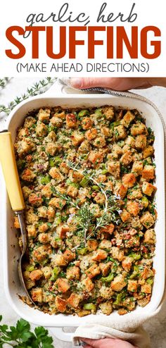 a casserole dish with stuffing in it and the title text overlay reads garlic herb stuffing make ahead directions