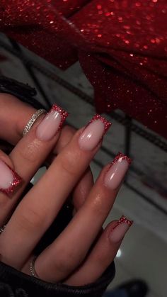 Glitter Red Nail Designs, Red Nails And Glitter, Red Glitter Square Nails, Red Nail Set Prom, Prom Nails For A Red Dress, Red Nails For Graduation, Nail Ideas Red Design, Red Nails Glitter Tips, Red Sparkling Nails