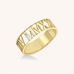 Roman Numeral Year Ring - monya_ Timeless 14k Gold Stackable Rings As Gift, Yellow Gold Heirloom Promise Ring Engraved, Yellow Gold Heirloom Promise Ring, Heirloom Engraved Yellow Gold Promise Ring, Timeless Stackable Rings As Gift, Elegant Polished Initial Ring For Promise, Elegant Initial Ring With Polished Finish For Promise, Timeless Gold Initial Ring For Anniversary, 14k Gold Initial Ring For Anniversary