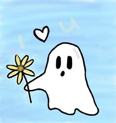 a drawing of a ghost holding a flower with a heart shaped object in the background