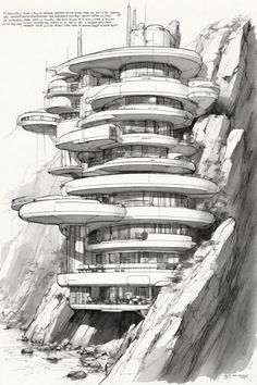 an architectural drawing of a building on top of a mountain