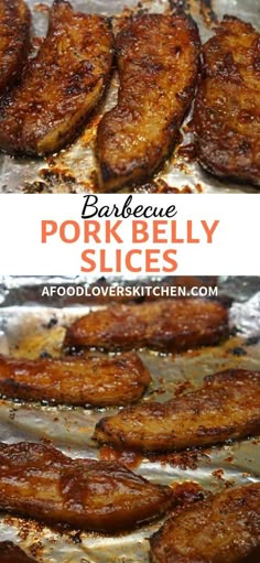 barbecue pork belly slices on a baking sheet with text overlay that reads, barbecue pork belly slices