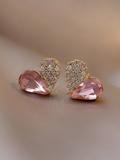 Rhinestone Heart Stud Earrings Pink    Zinc Alloy     Women Fashion Jewelry, size features are:Bust: ,Length: ,Sleeve Length: Earring Accessories, Sweet Accessories, Sweet Earrings, Korean Jewelry, Heart Shaped Earrings, Girls Sweet