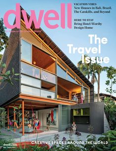 a magazine cover with an image of people on the balcony and in the living room