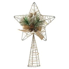 a christmas star decoration with pine cones and burlocks on it's side