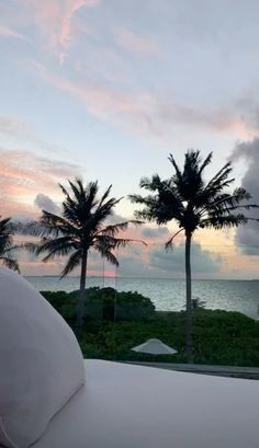 a bed sitting next to two palm trees near the ocean