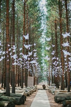 an outdoor ceremony in the woods with paper birds flying over it and trees lining the aisle