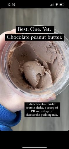 someone holding up a bowl with chocolate peanut butter in it and the caption reads, best one yet