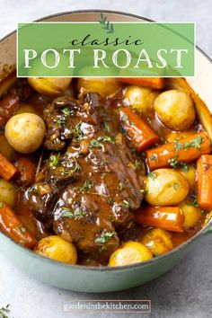 a pot roast with carrots, potatoes and gravy is shown in the foreground