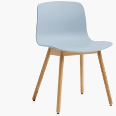 a light blue chair with wooden legs on a white background in front of the camera