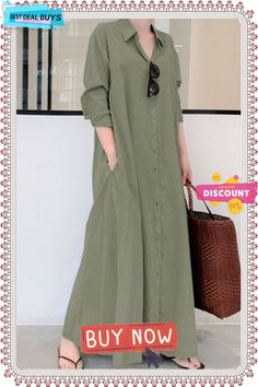 Casual Solid Pocket Buckle Turndown Collar Shirt Dress Dresses(3 Colors) Casual Solid Relaxed Fit Shirt Dress, Casual Cotton Shirt Dress In Solid Color, Casual Spring Shirt Dress In Solid Color, Casual Solid Shirt Dress For Daywear, Green Casual Shirt Dress For Fall, Casual Long Sleeve Solid Color Dresses, Casual Long Shirt Dress, Casual Green Shirt Dress For Fall, Casual Fall Maxi Dress With Buttons