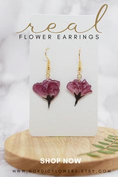 earrings made out of real flowers. Flower lover gift Real Flower Earrings, Pink Flower Earrings, Accessories Aesthetic