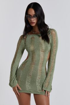 Khaki Green Dress, London Dress, Jaded London, Green Mini Dress, Backless Mini Dress, Sweater Dress Women, Khaki Dress, Ladies Of London, Knit Mini Dress