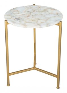 a white marble top side table with gold metal legs and a circular base on an isolated white background