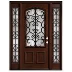 a wooden door with glass panels and wrought iron design