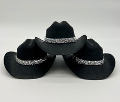 "This cute miniature cowgirl hat is perfect for a Last Rodeo Themed Bachelorette Party, Bridal Shower, or Western Themed Birthday Party! This is a black felt hat with a rhinestone border fastened with two mini alligator clips on the bottom of the hat. This is the perfect accessories for Austin, Nashville, Vegas, you name it! Can you say Yee-Haw!! You can get the hat with a veil for any perfect bride! Buy 5 or more and save 10% with coupon code \"PARTY10\" HAT DETAILS: * Mini-cowboy hat with rhin Western Black Costume Hats And Headpieces For Party, Fitted Brimmed Mini Hats For Country Events, Western Curved Brim Costume Hat For Parties, Adjustable Black Mini Hats For Western-themed Events, Adjustable Country Style Hat Bands For Party, Western Style Party Top Hat With Short Brim, Western Mini Hat With Flat Brim For Party, Western Style Party Top Hat With Curved Brim, Western Adjustable Costume Hats For Parties