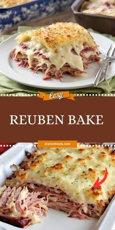 the recipe for reuben bake is shown in three different dishes, including one with meat and cheese