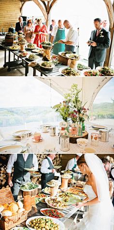 the wedding party is getting ready to eat at the buffet table and have their food served