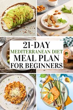 the meal plan for beginners is shown in four different pictures, including bread and vegetables