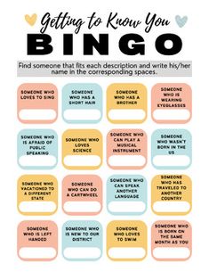 a poster with the words getting to know you bingo