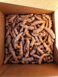 a cardboard box filled with lots of fresh ginger