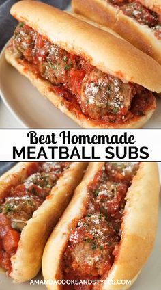 two hot dogs with meatballs in them on a white plate and the words, best homemade meatball subs