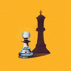 a black and white chess piece sitting next to a tall tower on top of a yellow background