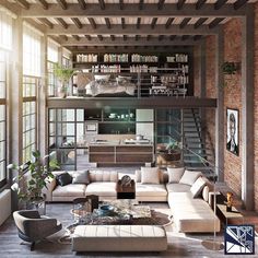 a living room filled with lots of furniture next to a window covered in bookshelves