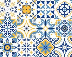 an assortment of blue and yellow tile designs