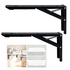 two black metal shelf brackets with white shelves in the middle and one is open on both sides