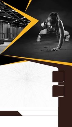 an image of a woman doing push ups in the dark and yellow background with black and white lines