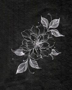 a black and white drawing of a flower with leaves on it's petals, against a dark background